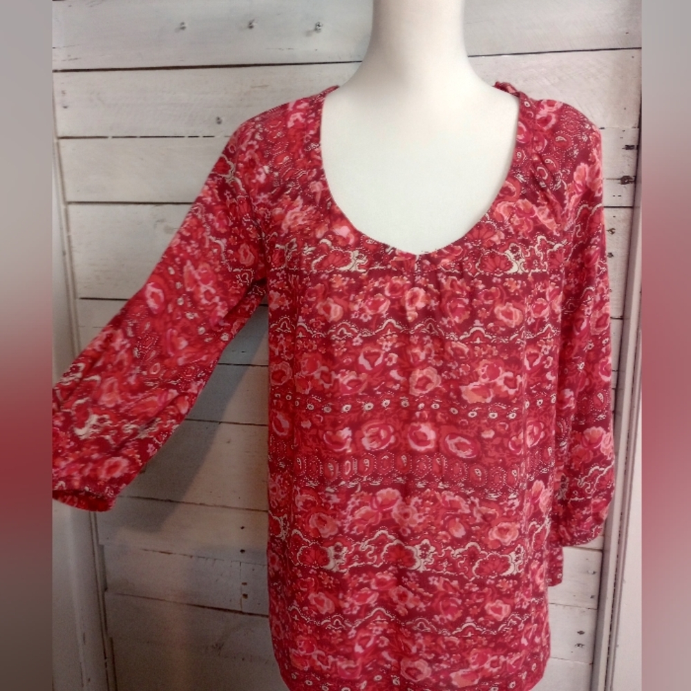 Lucky Brand Women's Medium Red Floral Print Pullover 3/4 Sleeve Top Boho